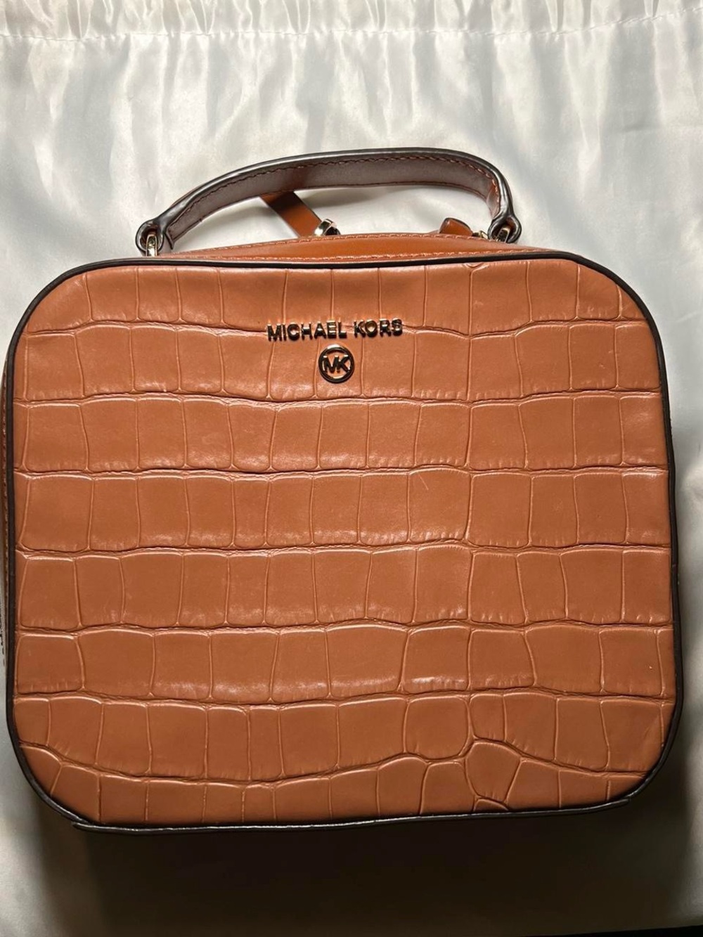 Michael Kors Croc-Embossed Leather Toiletry Case in Cognac